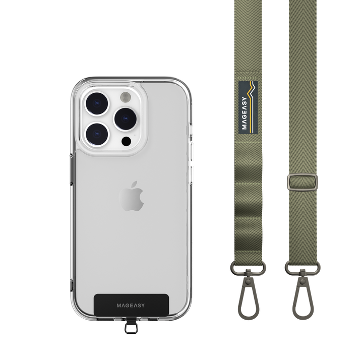 The MAGEASY 20mm army green STRAP and an iPhone in a clear iPhone case. A STRAP CARD is well installed in the case.