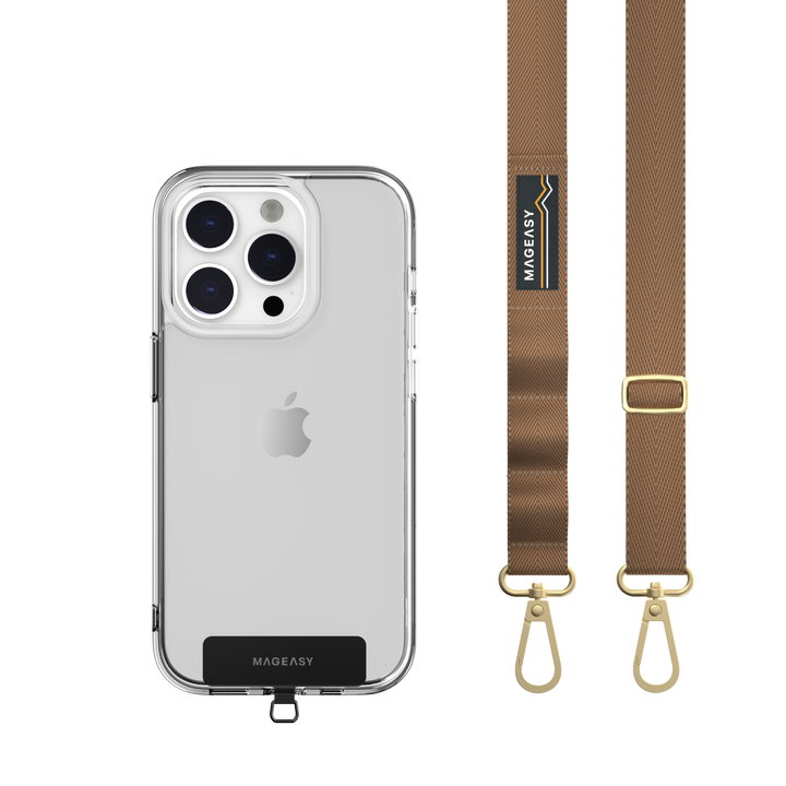 The MAGEASY 20mm khaki STRAP and an iPhone in a clear iPhone case. A STRAP CARD is well installed in the case.